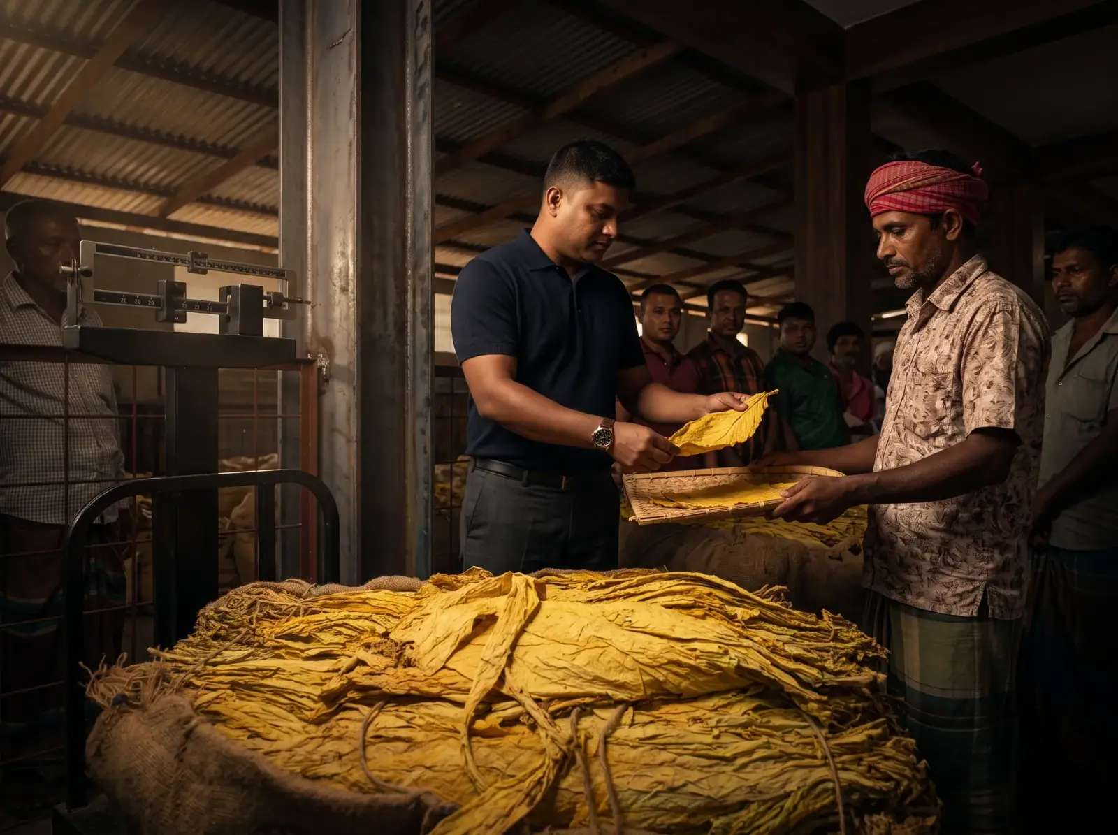 A buyer inspecting a cured tobacco leaf over a bale at a buying floor, with a weighing scale behind
