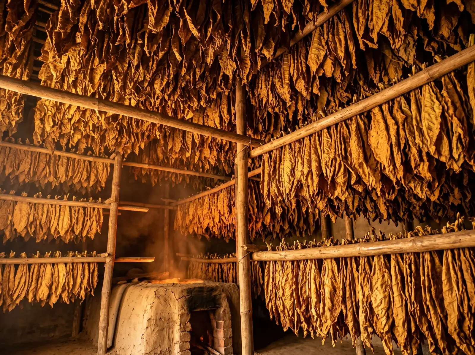 Golden tobacco leaves hanging in tiers inside a flue-curing barn beside a clay furnace