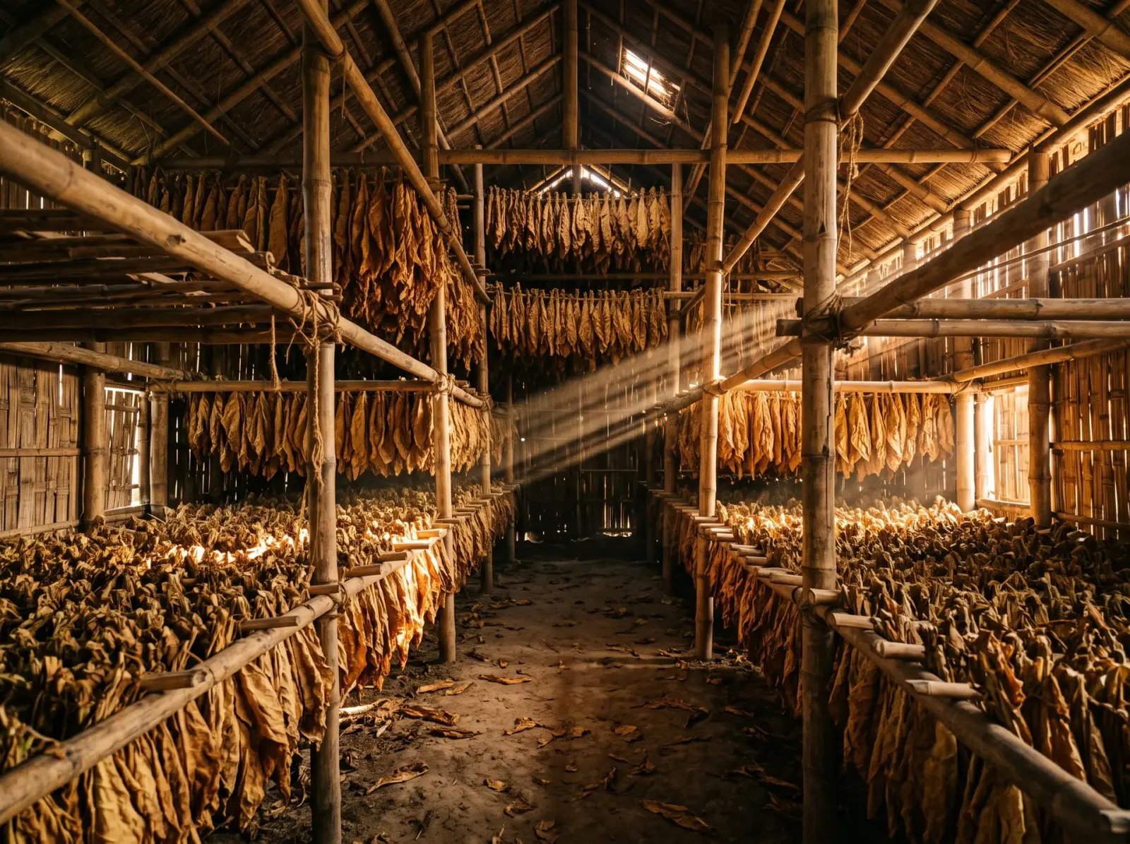 Long curing barn with tiers of tobacco leaves drying on bamboo racks, lit by a shaft of sunlight