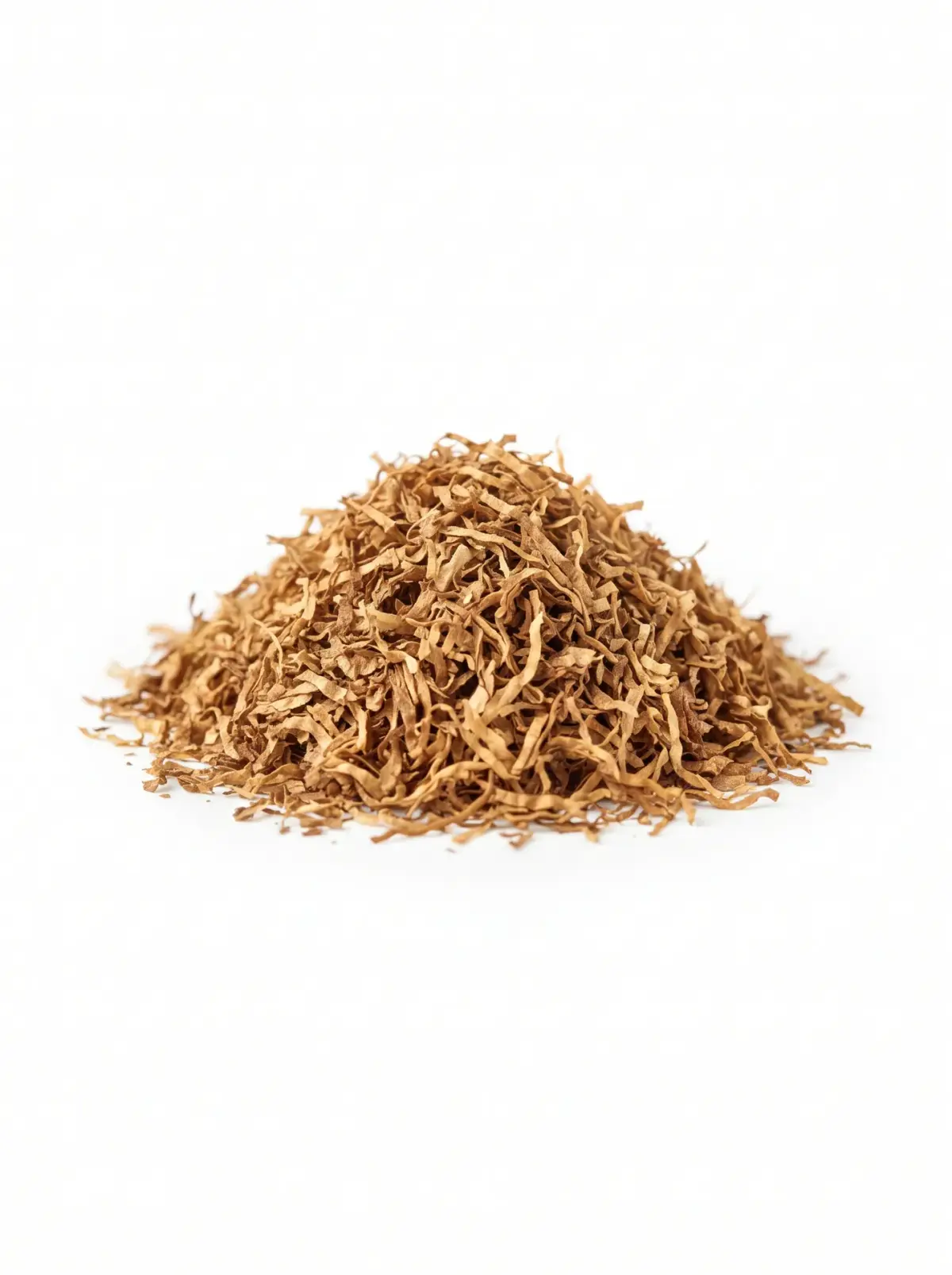 A heap of light, expanded cut tobacco on a white background