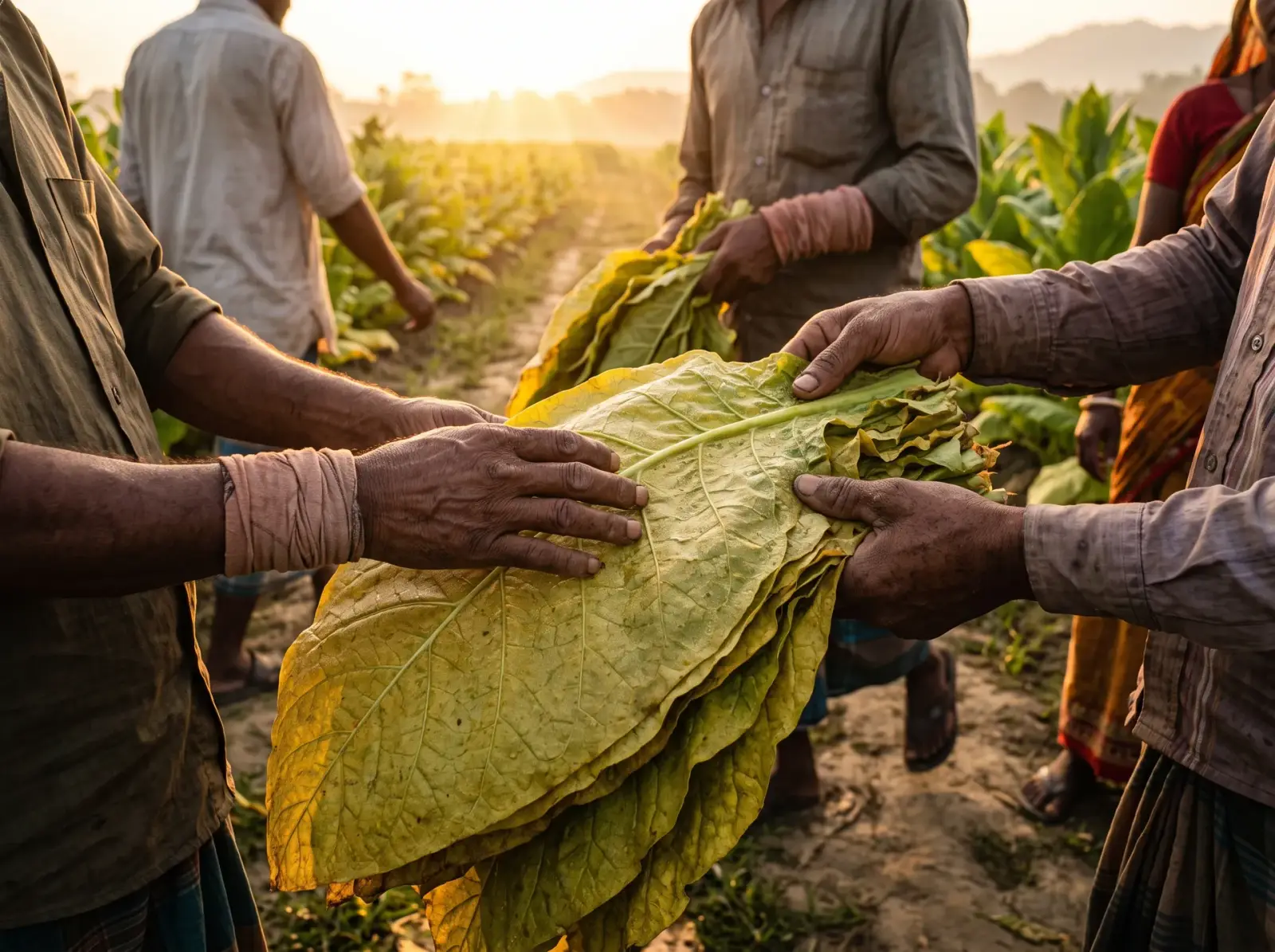 Hands passing a bundle of freshly picked yellow-green tobacco leaves
