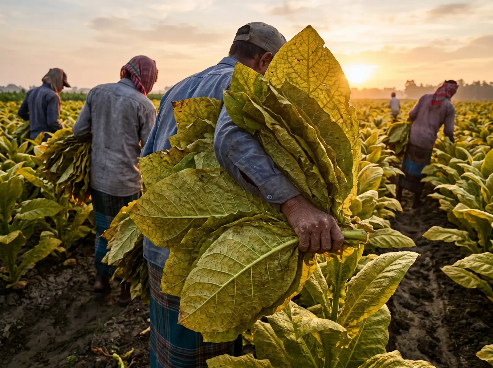 Harvesters carrying armfuls of ripe tobacco leaves through a field at sunrise