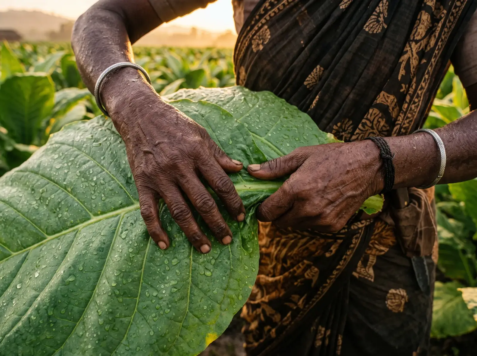 Hands holding a large green tobacco leaf beaded with water