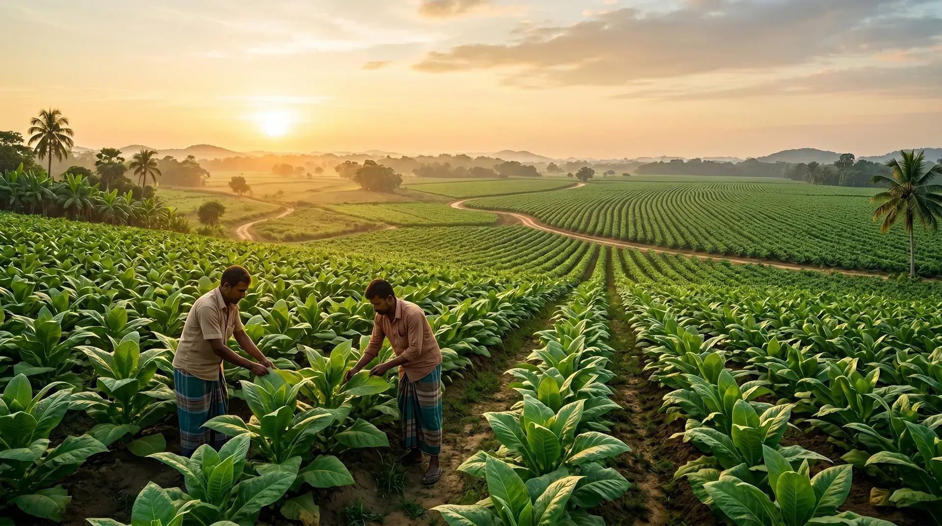 Two farmers tending rows of tobacco plants in a wide field at sunrise