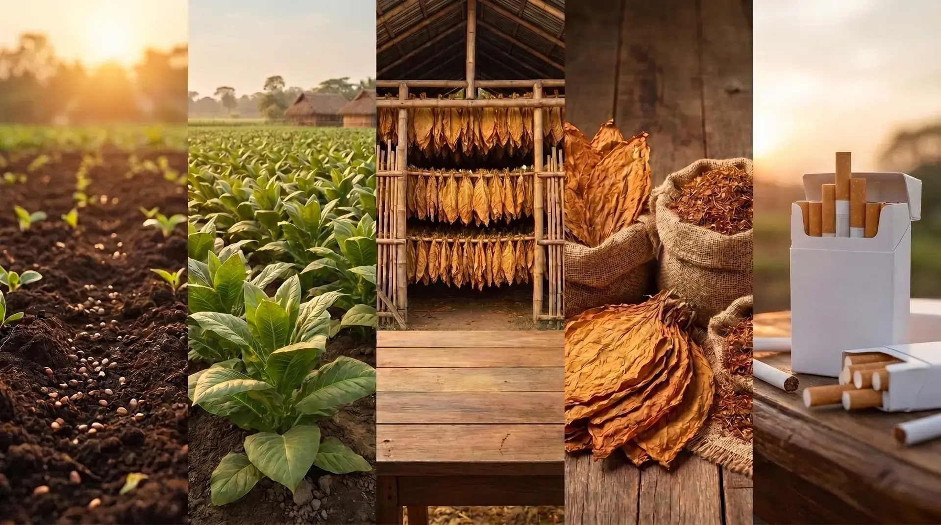 Five panels side by side: seeded soil, young tobacco plants, leaves hanging to cure, cured leaf and cut tobacco, and plain cigarette packs