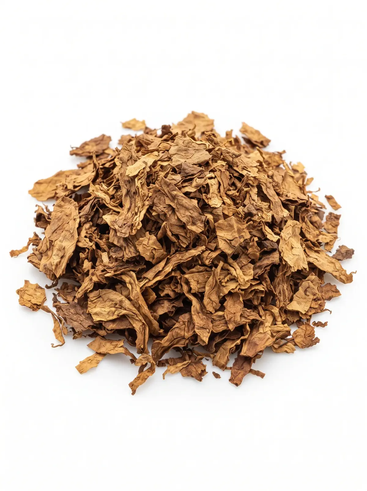 A heap of tobacco scrap, small broken leaf pieces, on a white background