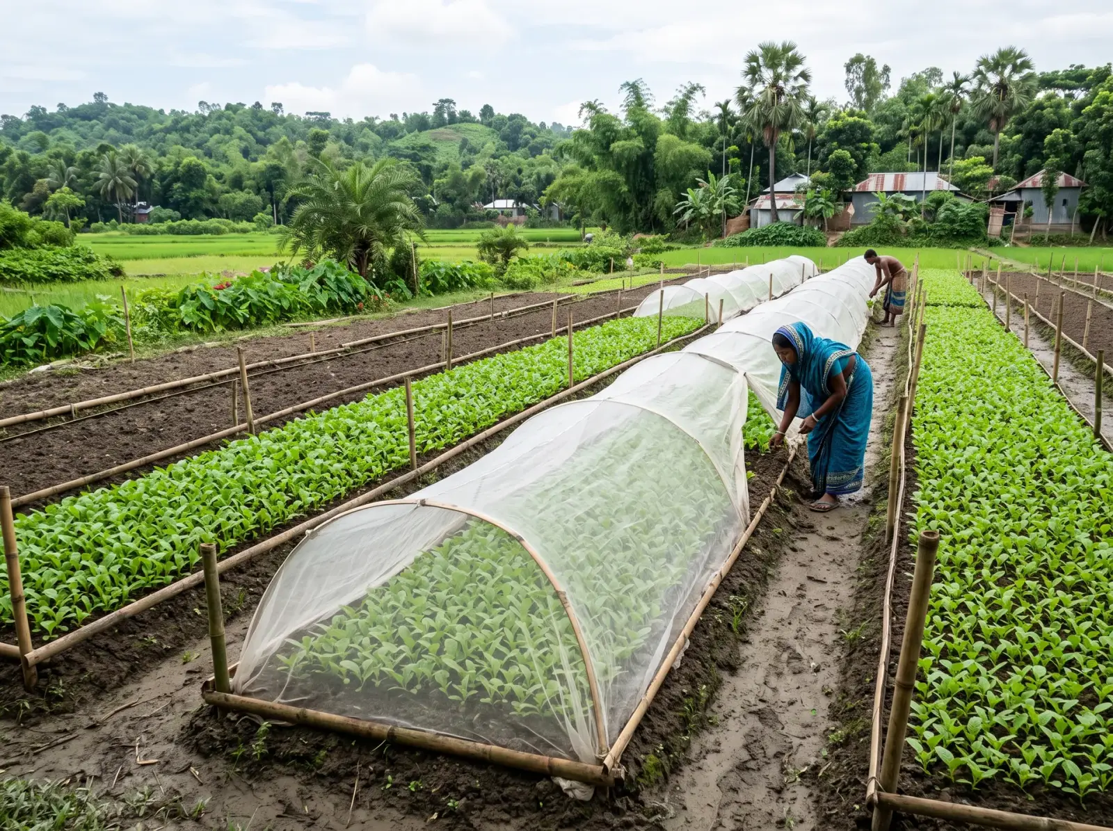 Tobacco seedbeds under low net tunnels, with a worker tending the rows