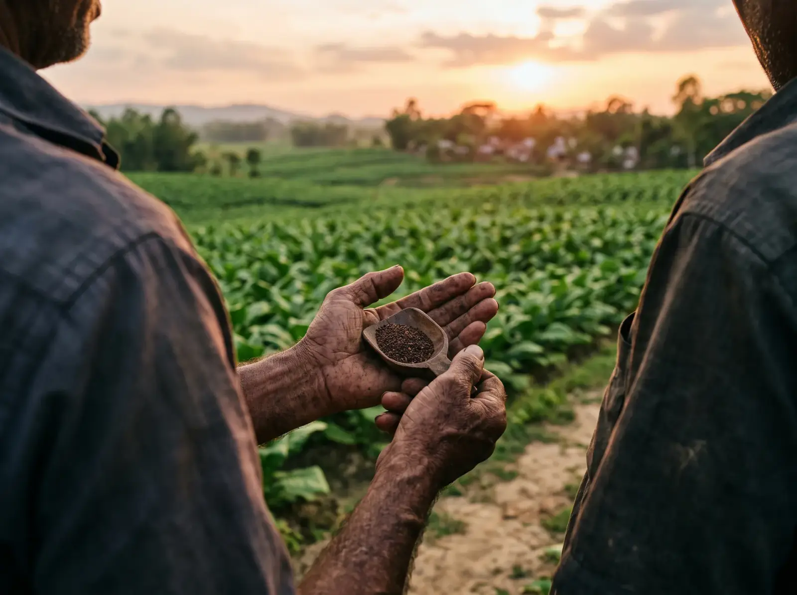 Two growers holding a small scoop of tobacco seed above a tobacco field at sunset