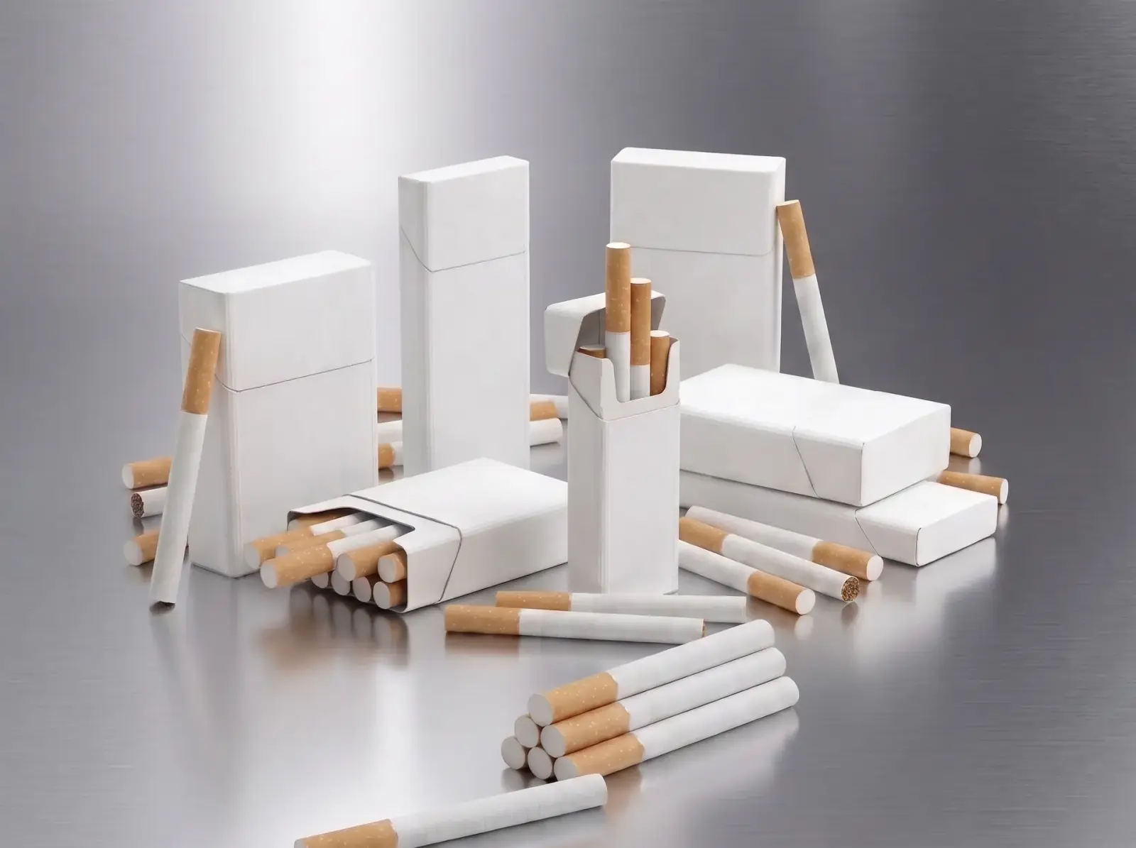 Plain white cigarette packs and filter cigarettes arranged on a brushed-metal surface
