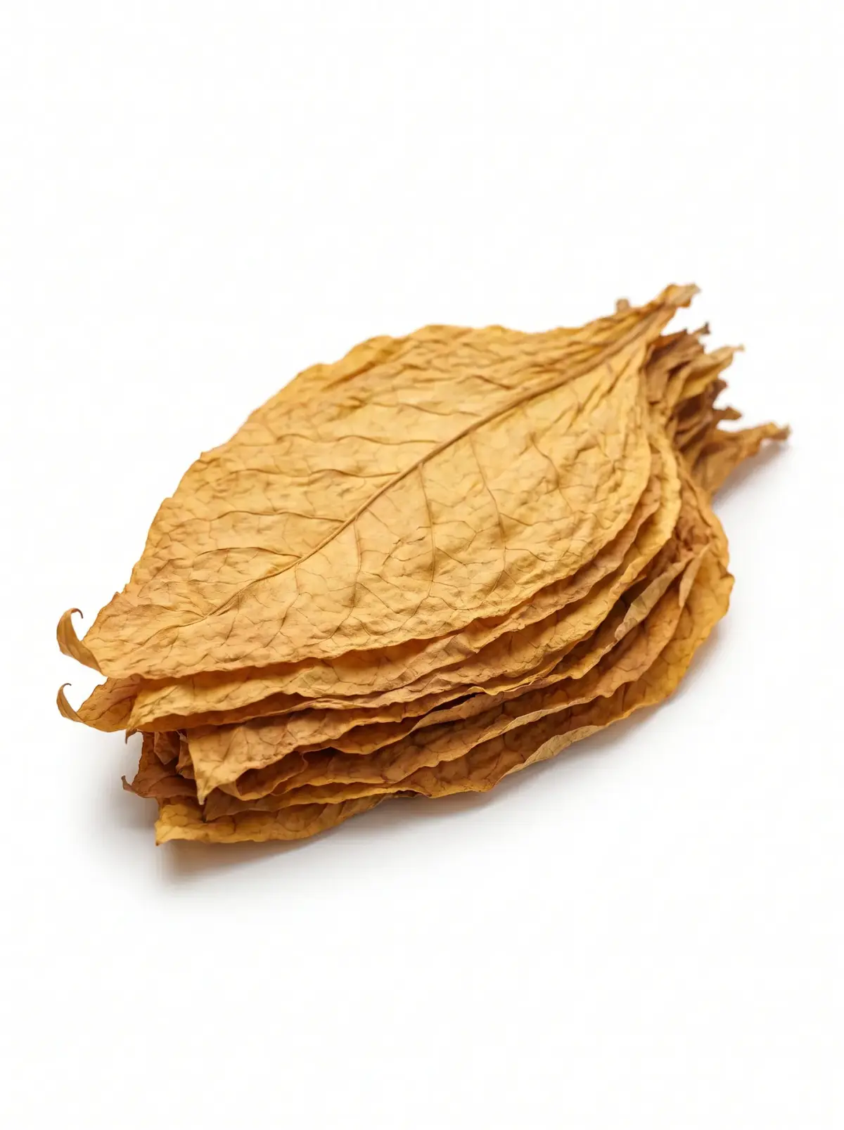 A stack of golden flue-cured Virginia tobacco leaves on a white background